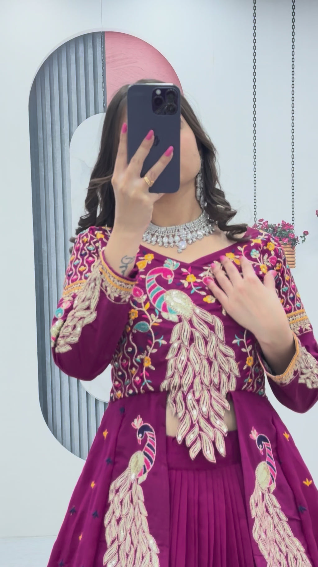 Mani Magneta Vichitra Silk Crop Top Peacock Design Lehenga with Embroidered Shrug