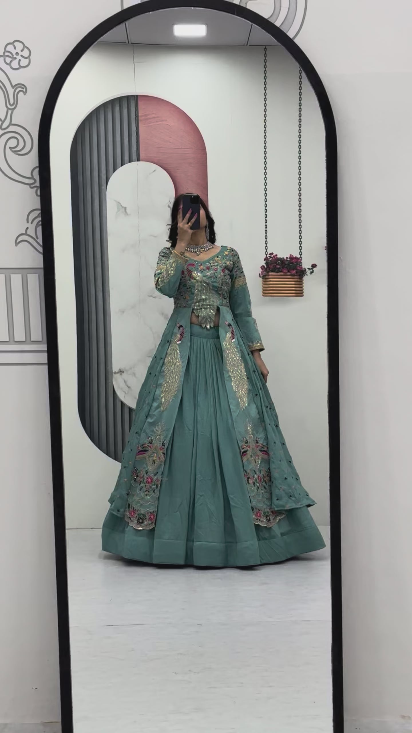Mani Teal Color Vichitra Silk Crop Top Peacock Design Lehenga with Embroidered Shrug