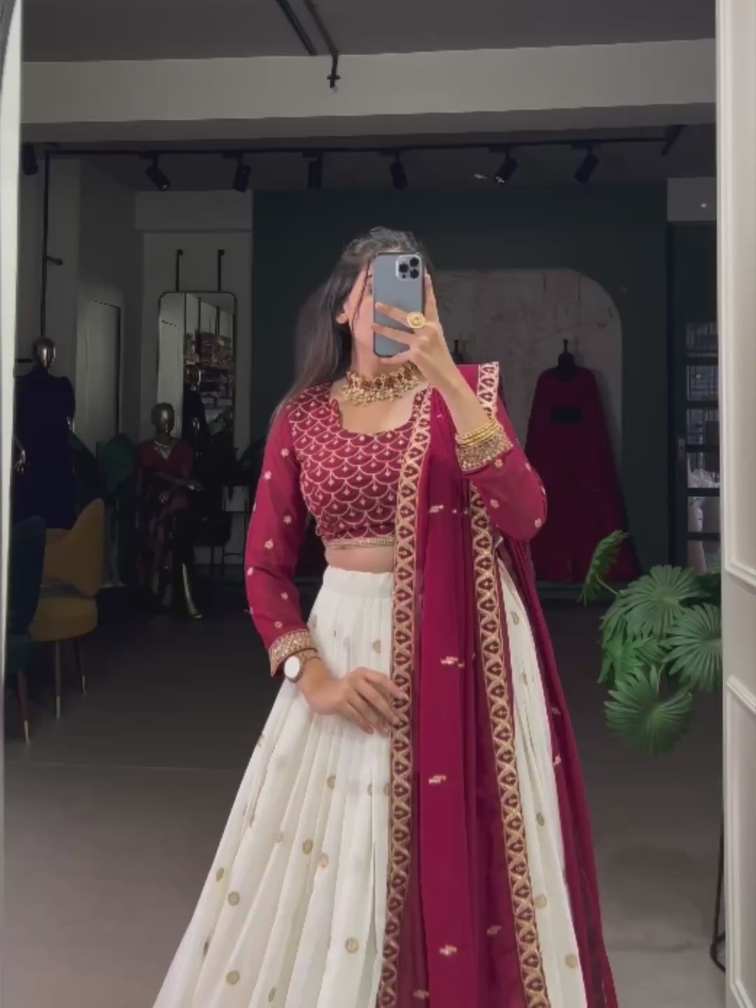 Bhavini Maroon Embroidered Georgette Lehenga Choli, featuring intricate sequins and thread embroidery with elegant lace detailing. The fully stitched lehenga has a 3.5-meter flair, can-can, and canvas stitching for a graceful silhouette. Paired with an unstitched embroidered georgette blouse and a matching dupatta with sequins work, this designer ensemble is perfect for weddings, festive occasions, and grand celebrations