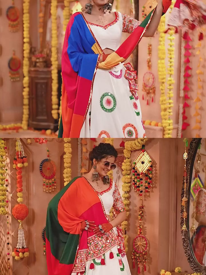 White Viscose Cotton Mirror Thread Embroidery Work Navratri Lehenga Choli