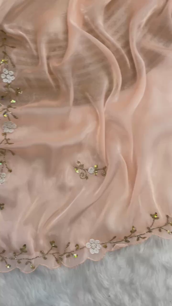 Rashi Peach Coloured Zimichu Silk hand Work Beads Pearl Work Saree