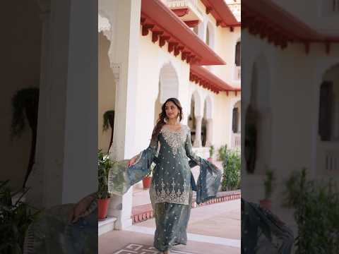 Pria Teal Green Fendi Silk Coding Sequins Embroidery Work Kurti Sharara Set