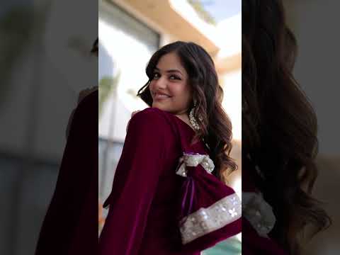 Elvya Rani Pink Velvet Zari Embroidered Mirror Work Kurti Set