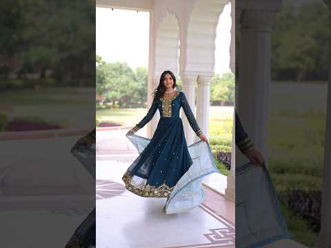 Vireen Teal Blue Faux Georgette Zari Sequins Embroidery Gown with Dupatta