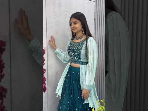 Malti Teal Green Chinon Embroidered Crop Top Lehenga with Nazmin Dupatta and Belt
