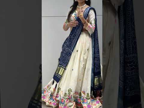 Off-White Cotton Embroidered Lehenga with Purple Color Gaji Silk Dupatta
