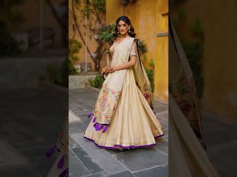 Kalyani Cream Shimmer Paithani Zari Weaving Purple Border Lehenga Choli set