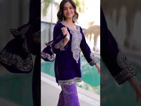 Selina Purple Color Velvet Zari Coding Embroidered Work Short Kurti Set with Batwa