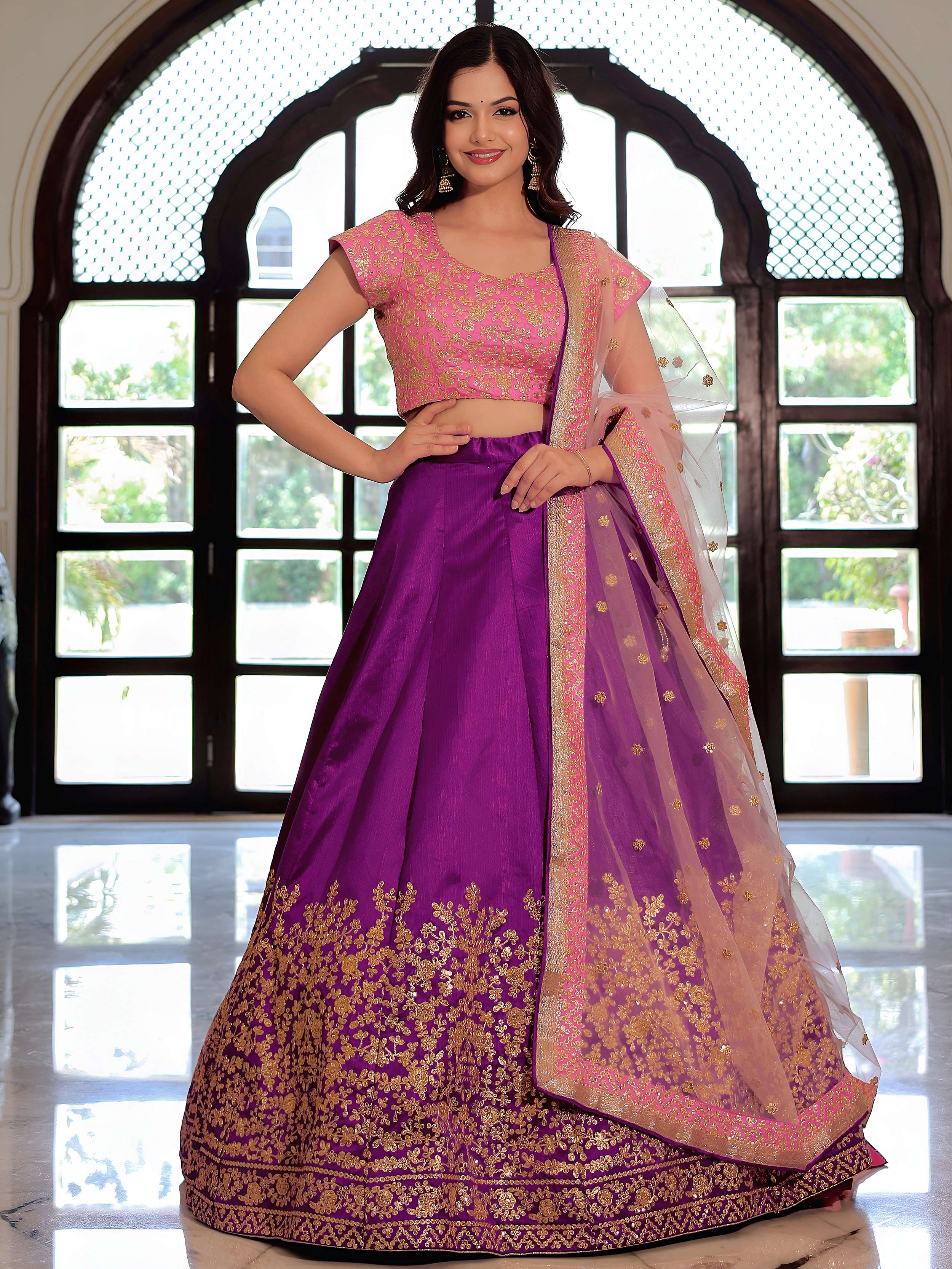 Purple and pink festive wear mulberry silk embroidered lehenga choli