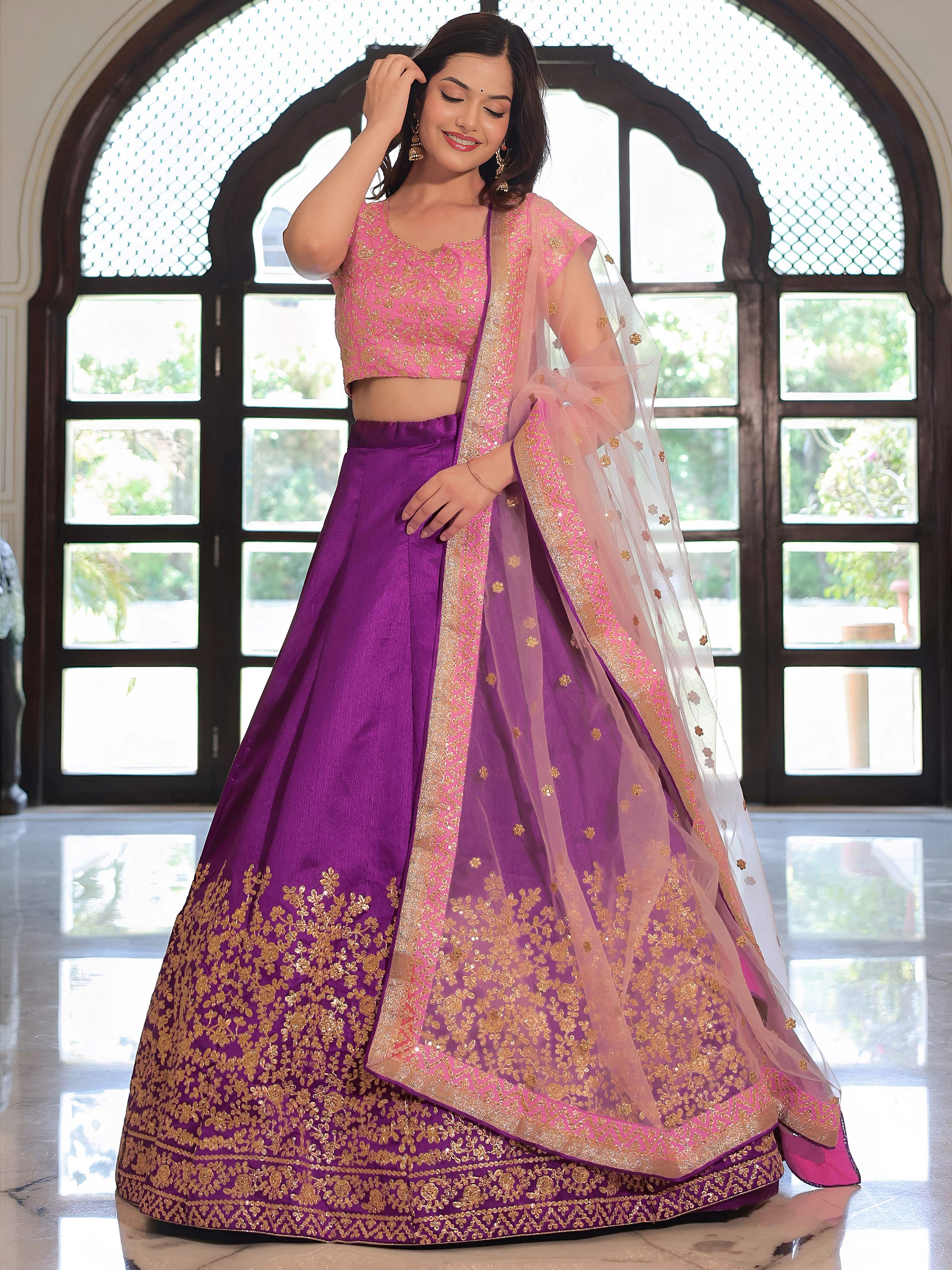 Purple and pink festive wear mulberry silk embroidered lehenga choli