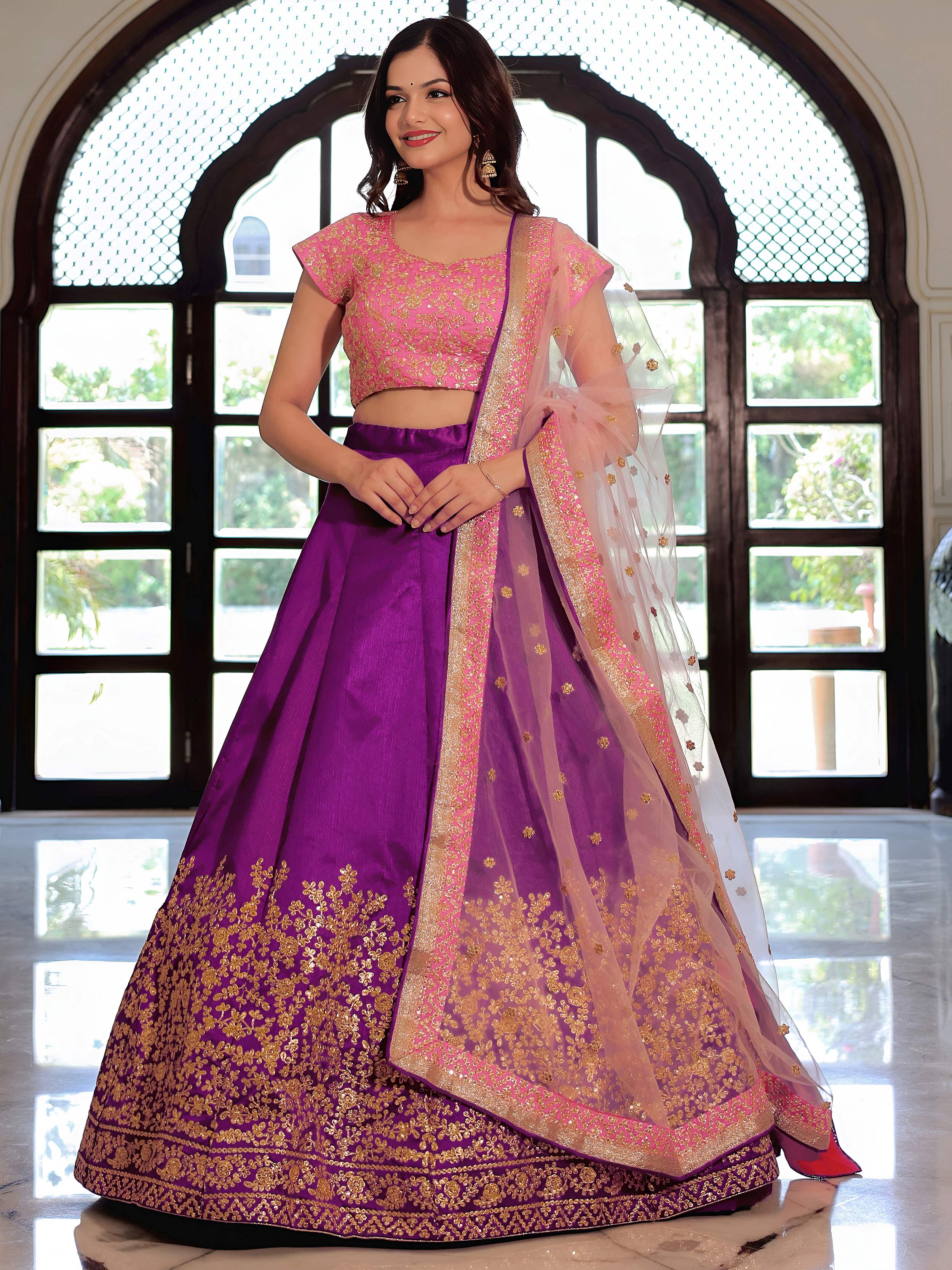 Purple and pink festive wear mulberry silk embroidered lehenga choli