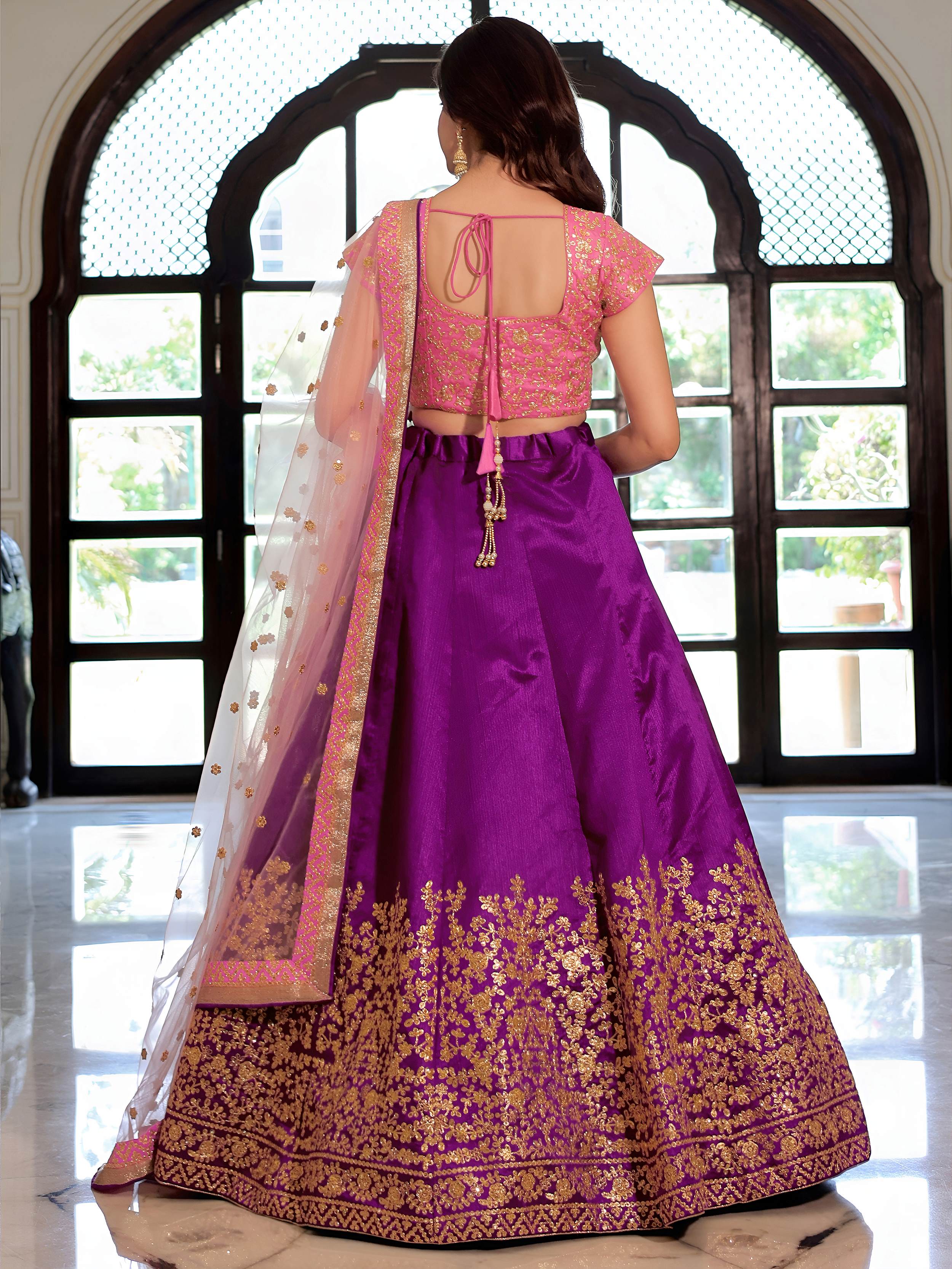 Purple and pink festive wear mulberry silk embroidered lehenga choli