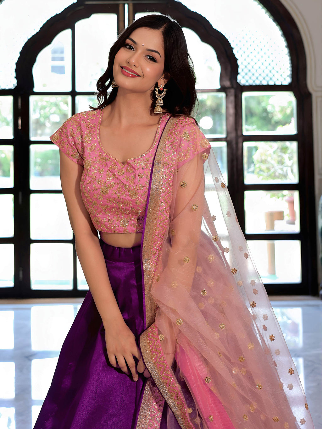 Purple and pink festive wear mulberry silk embroidered lehenga choli