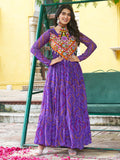 Purple  Bandhani Print Georgette Kutchi Patchwork Flair Navratri Gown