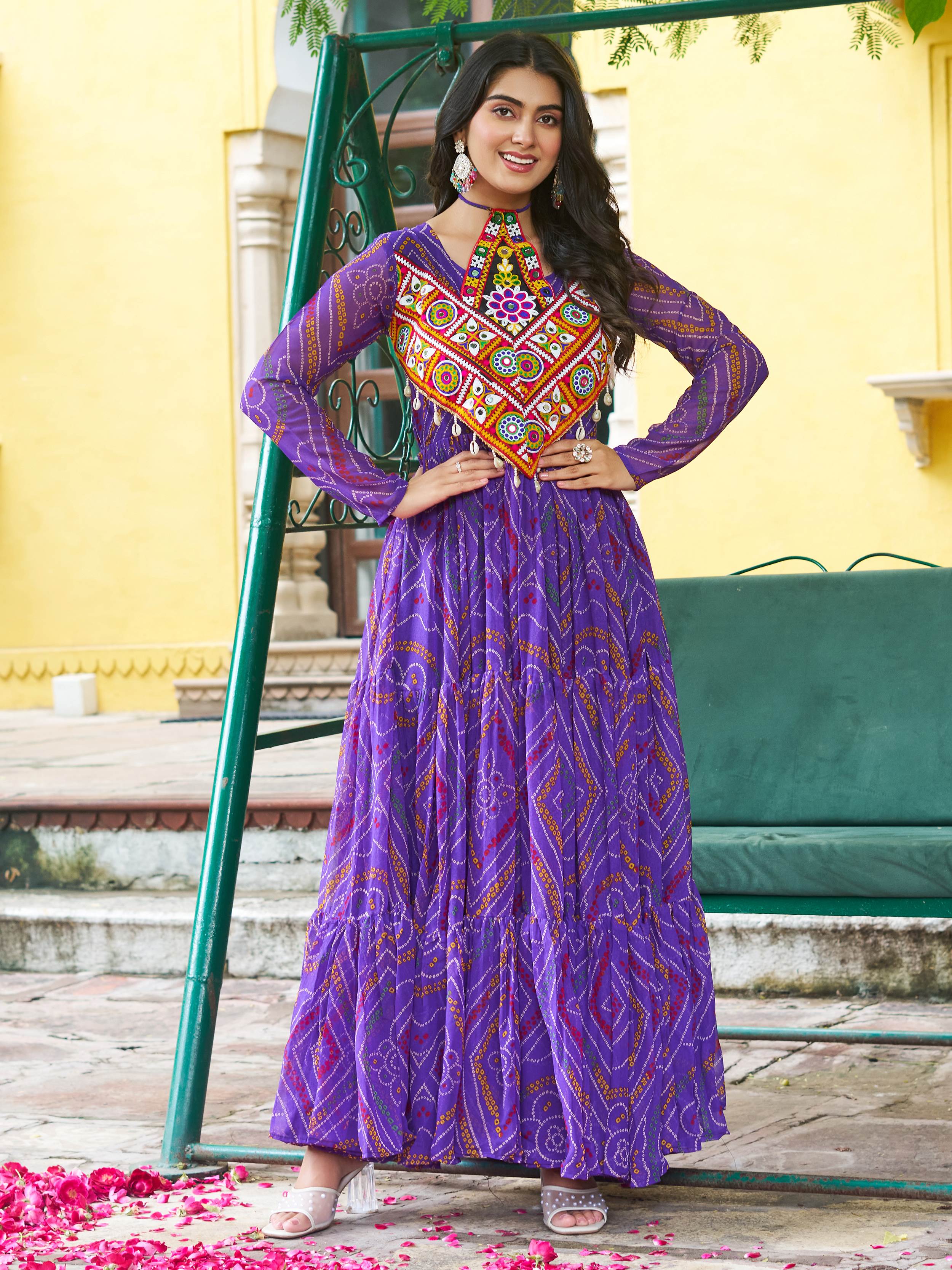 Purple  Bandhani Print Georgette Kutchi Patchwork Flair Navratri Gown