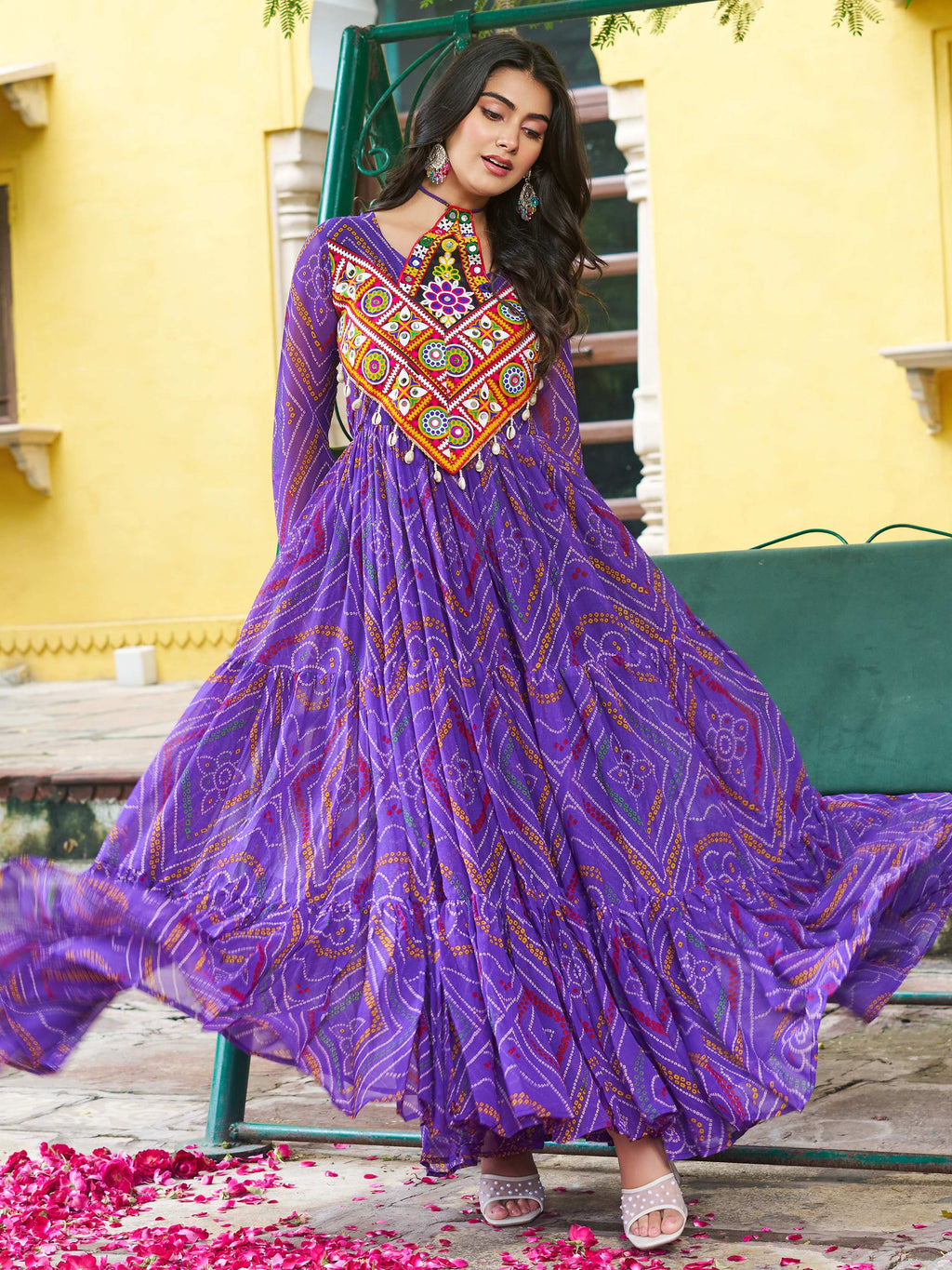 Purple  Bandhani Print Georgette Kutchi Patchwork Flair Navratri Gown