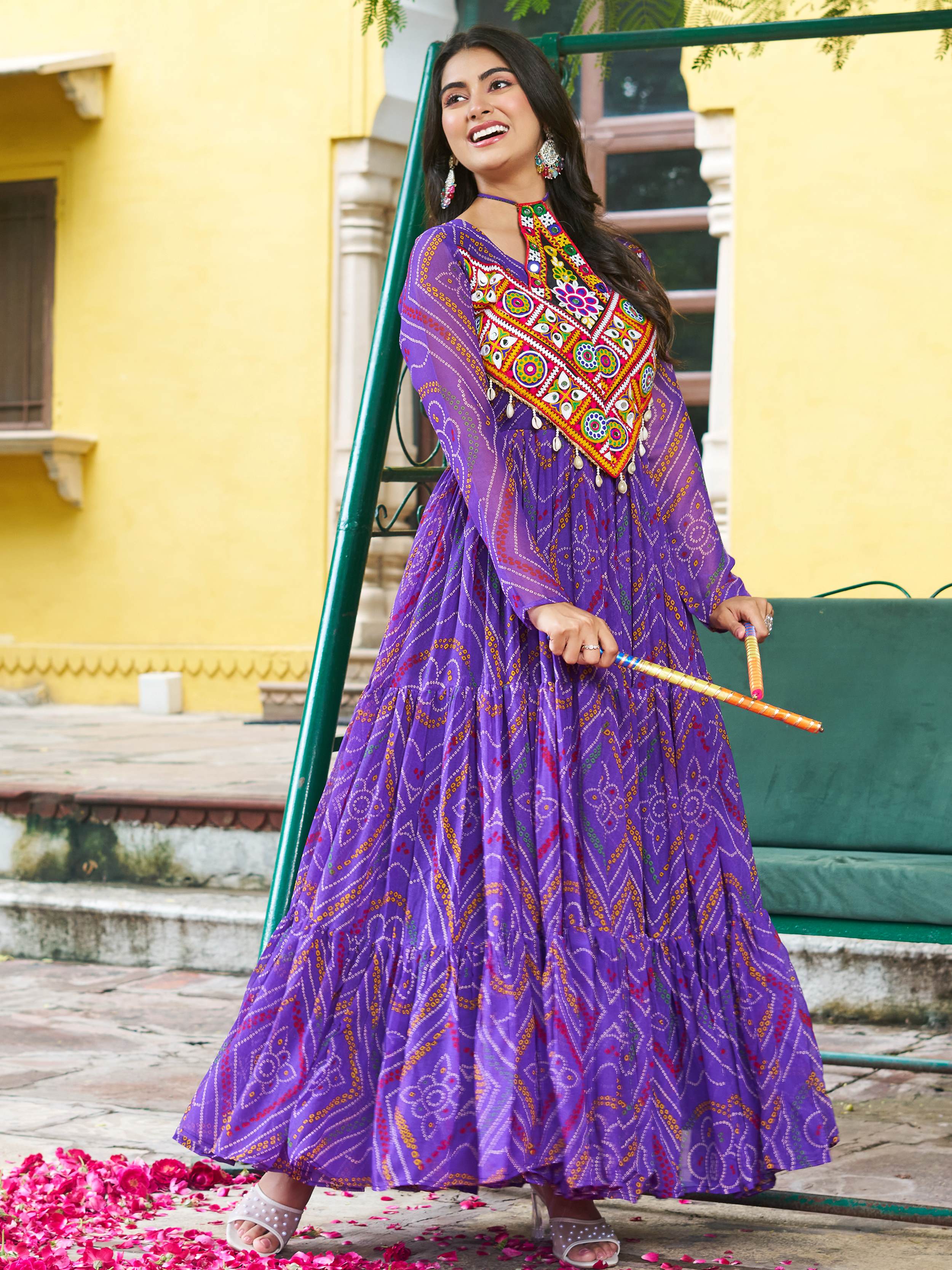Purple  Bandhani Print Georgette Kutchi Patchwork Flair Navratri Gown
