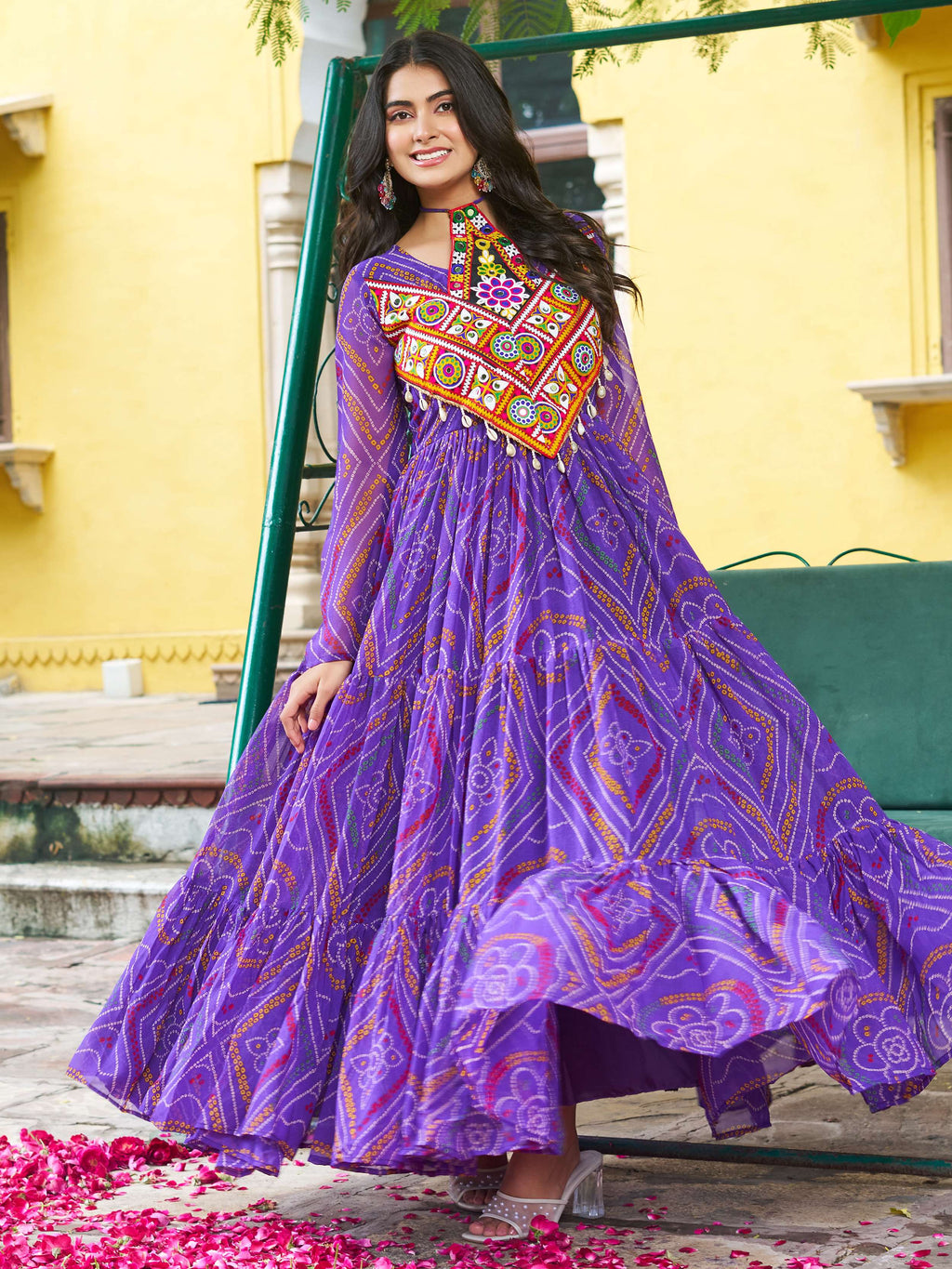 Purple  Bandhani Print Georgette Kutchi Patchwork Flair Navratri Gown