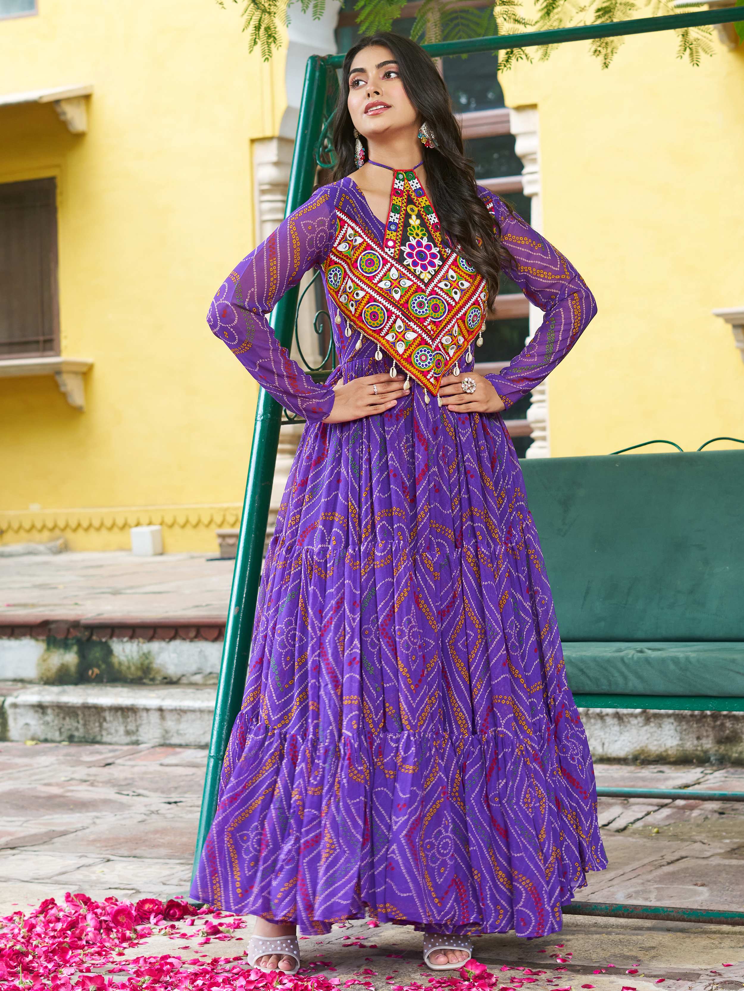 Purple  Bandhani Print Georgette Kutchi Patchwork Flair Navratri Gown