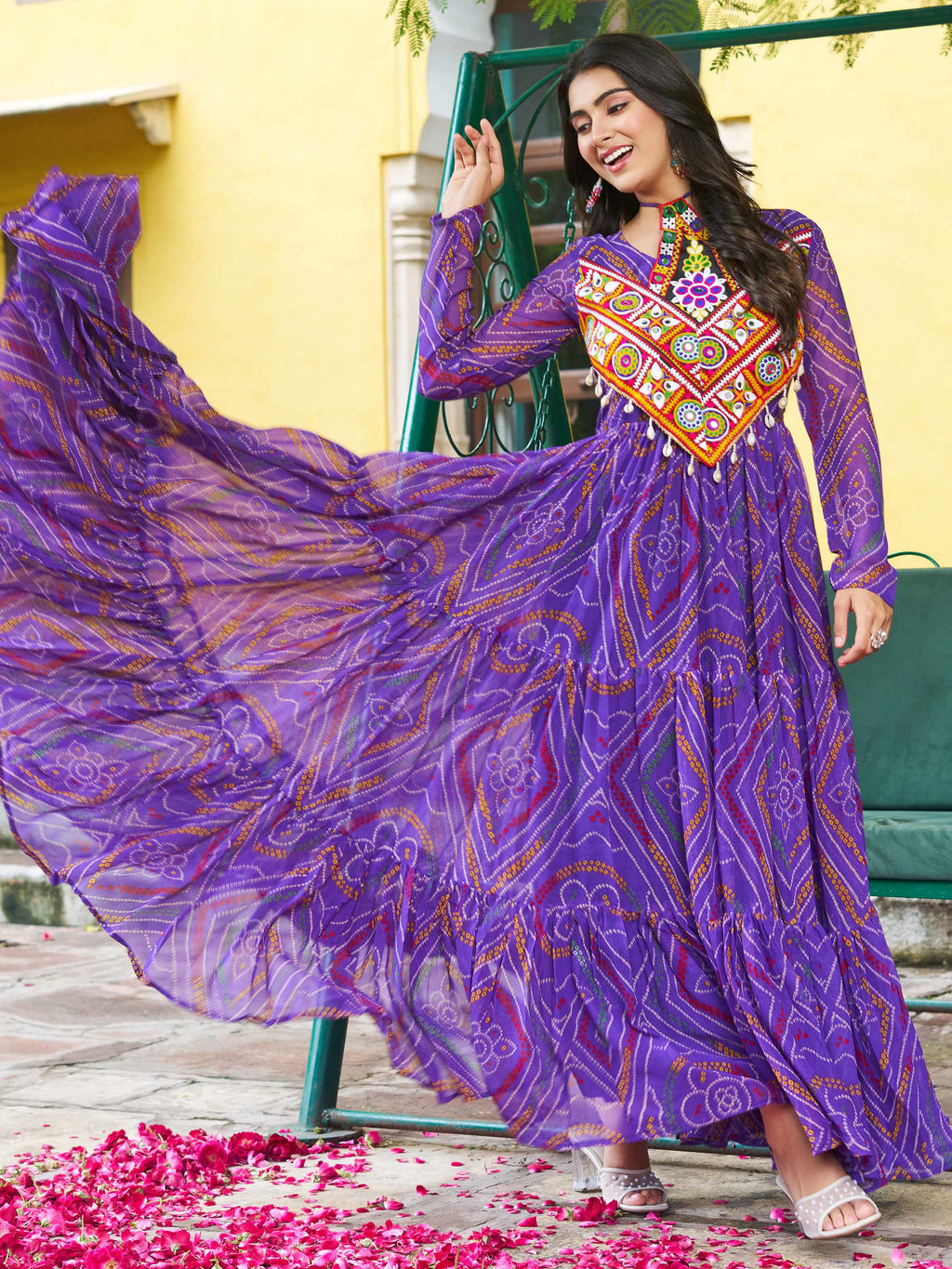 Purple  Bandhani Print Georgette Kutchi Patchwork Flair Navratri Gown