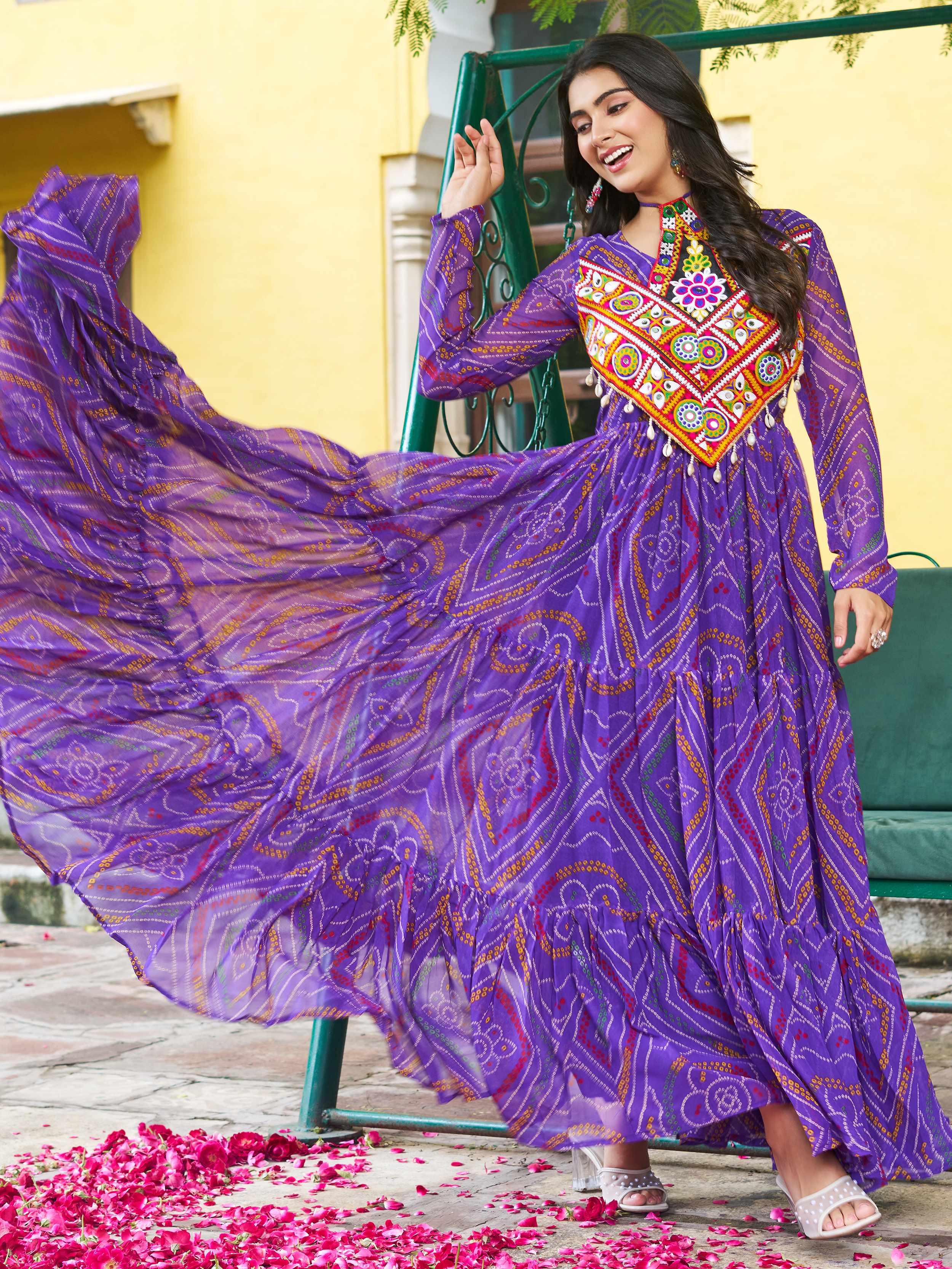 Purple  Bandhani Print Georgette Kutchi Patchwork Flair Navratri Gown