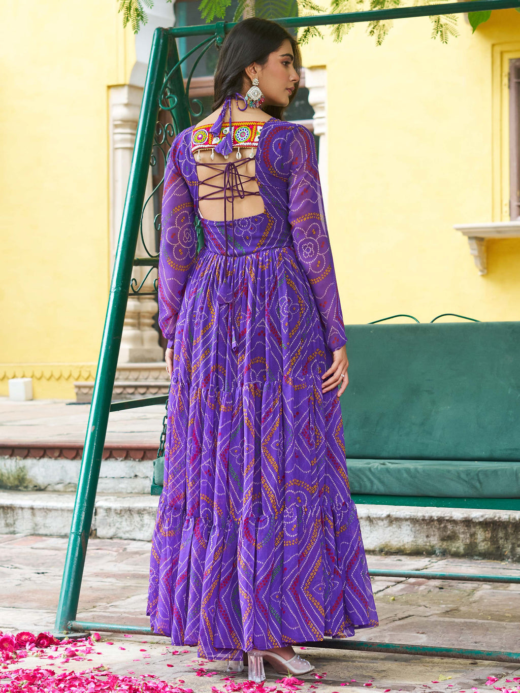 Purple  Bandhani Print Georgette Kutchi Patchwork Flair Navratri Gown