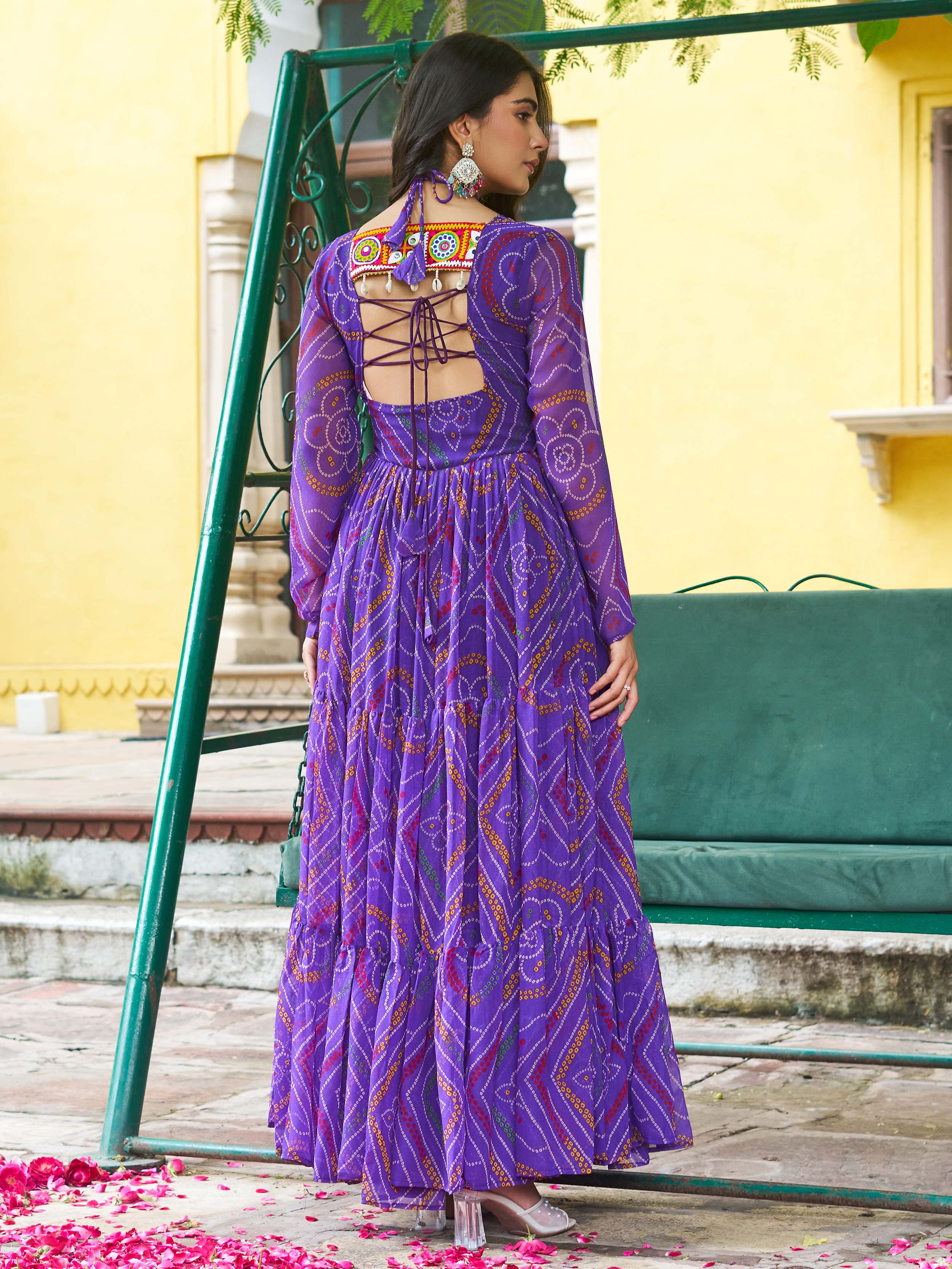 Purple  Bandhani Print Georgette Kutchi Patchwork Flair Navratri Gown