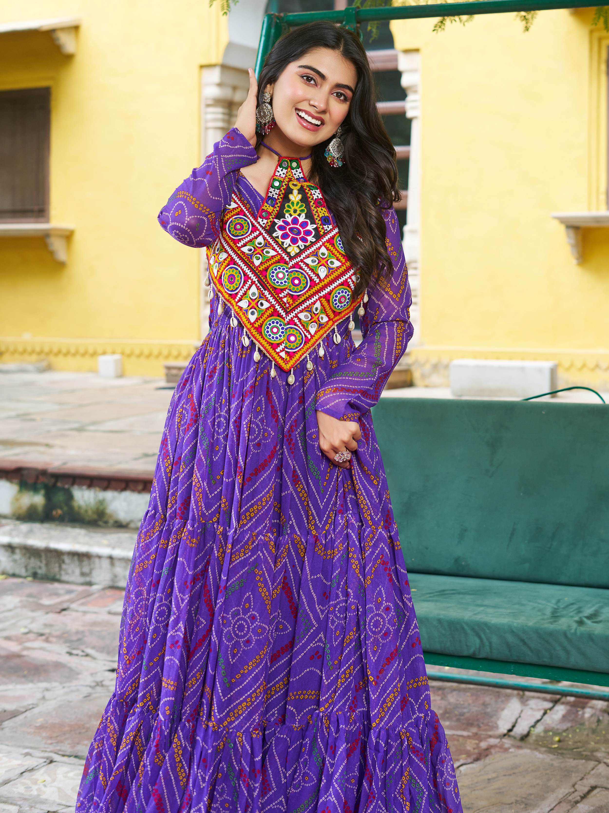 Purple  Bandhani Print Georgette Kutchi Patchwork Flair Navratri Gown