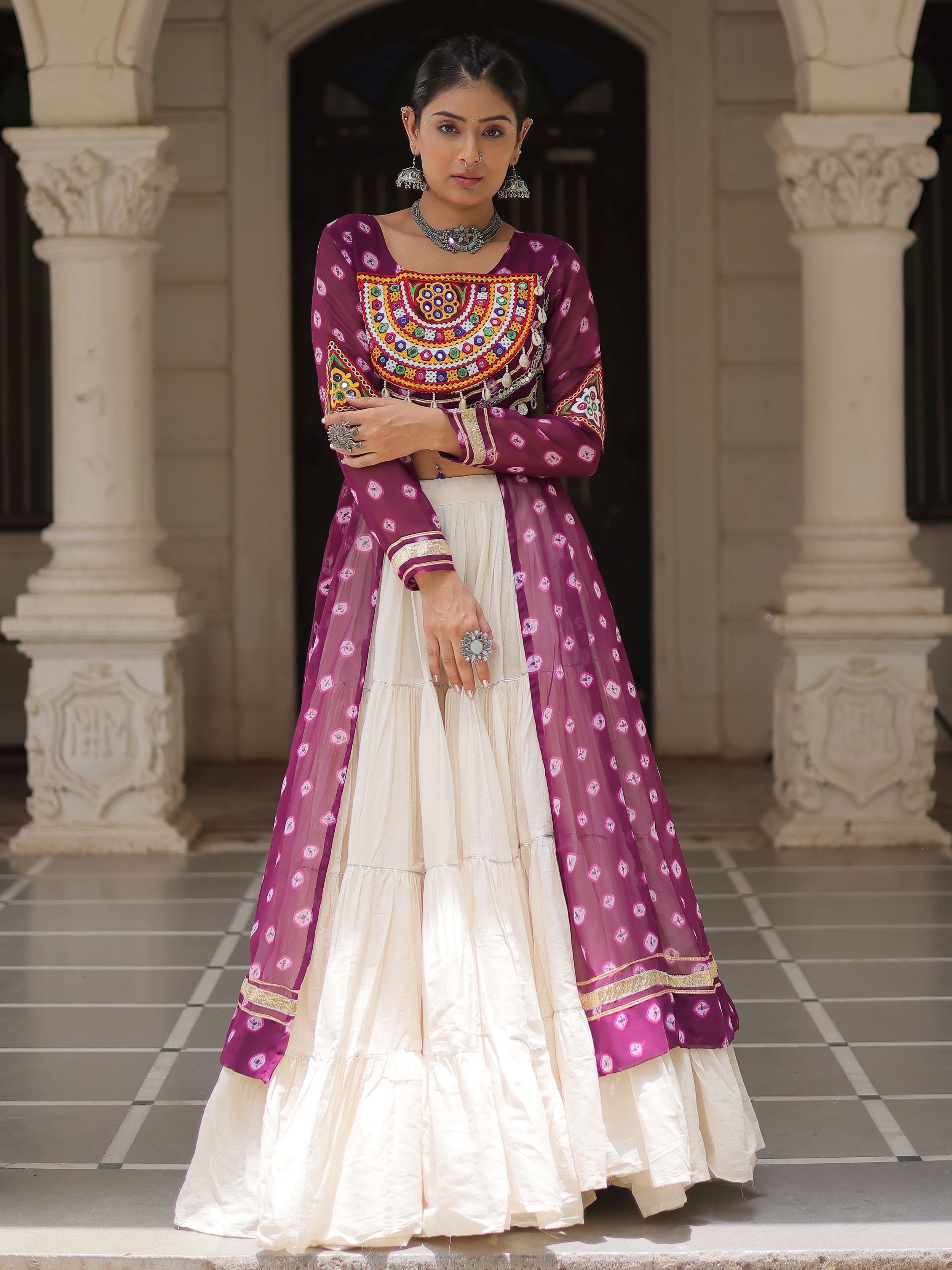 Purple Bandhani Print Kurti with Kutchi Patchwork Kora Cotton Lehenga