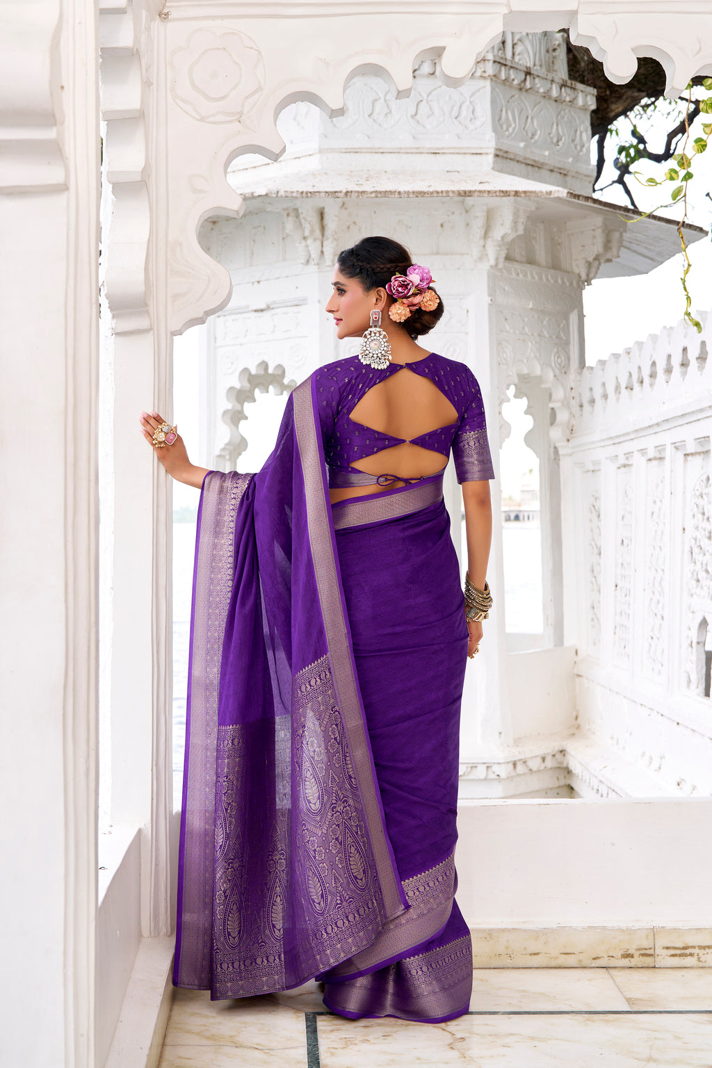 Purple Color Chinon Self-Printed Zari Weaving Saree with Blouse
