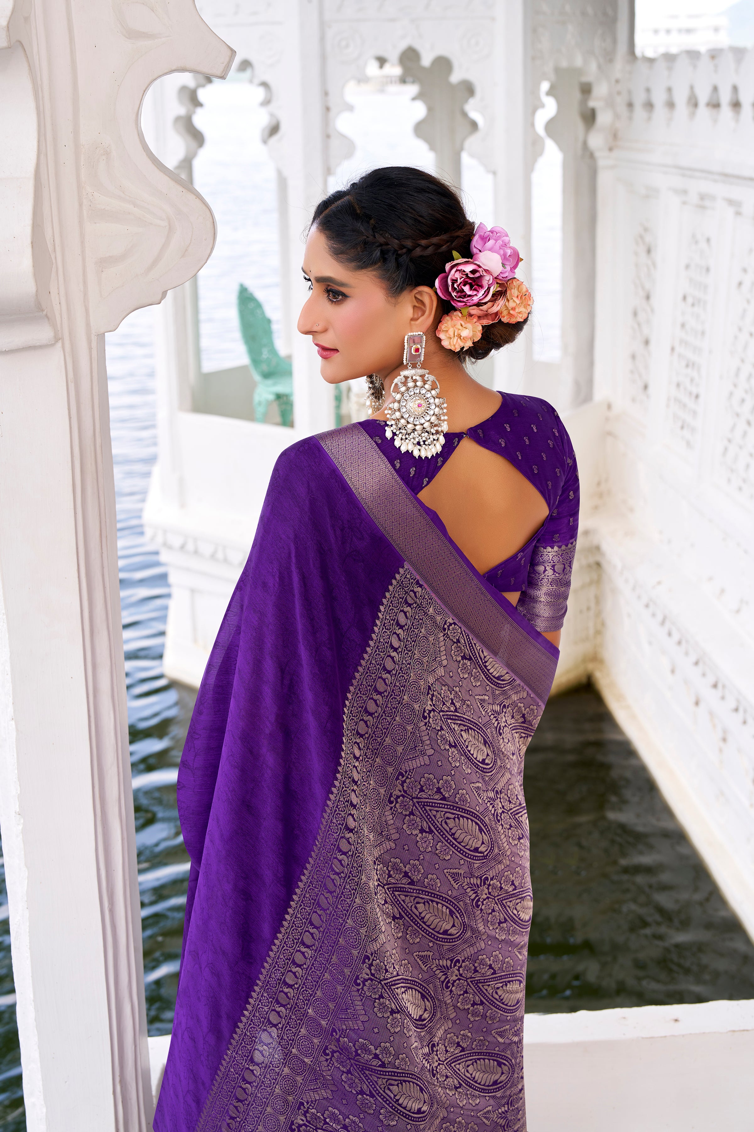 Purple Color Chinon Self-Printed Zari Weaving Saree with Blouse