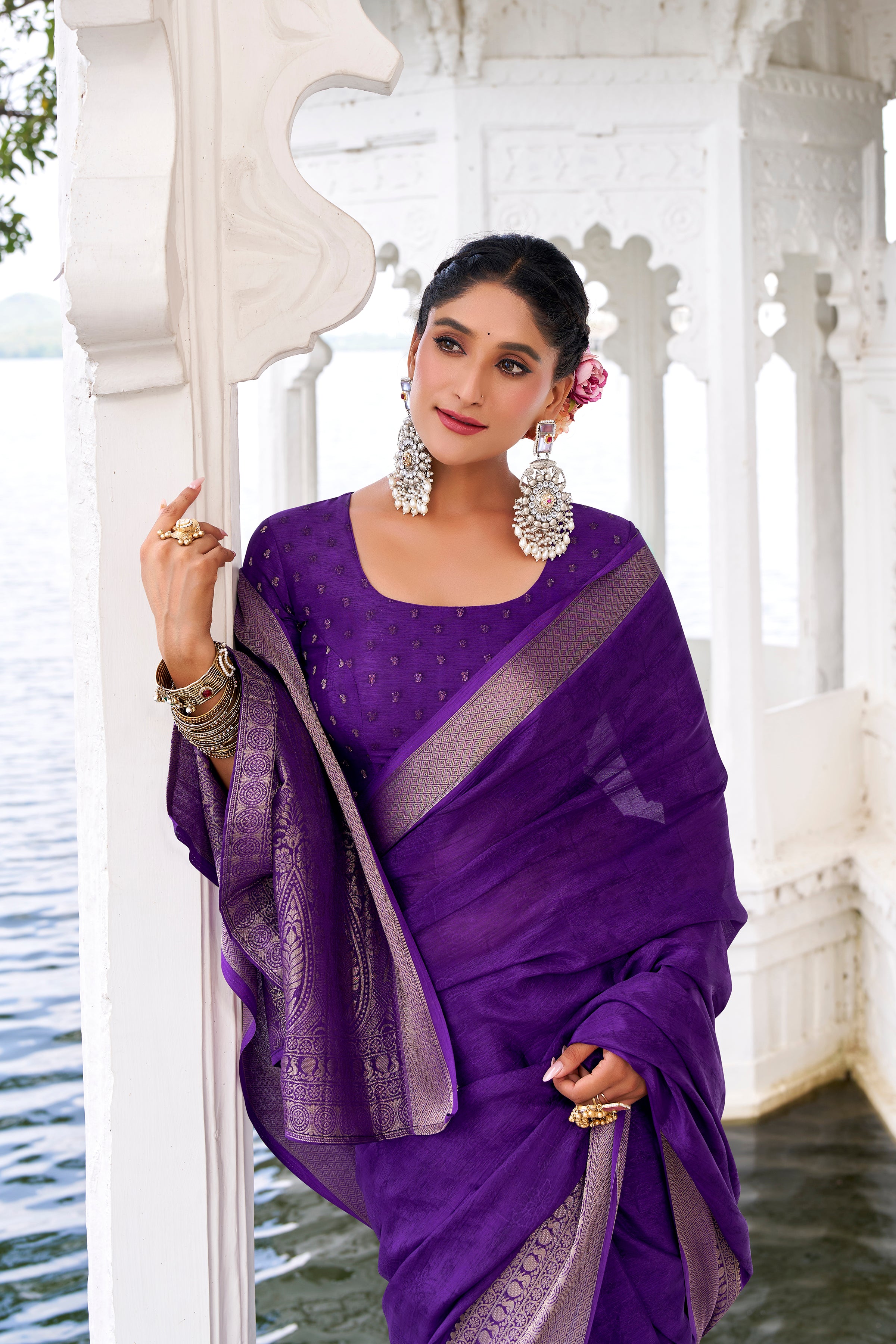 Purple Color Chinon Self-Printed Zari Weaving Saree with Blouse