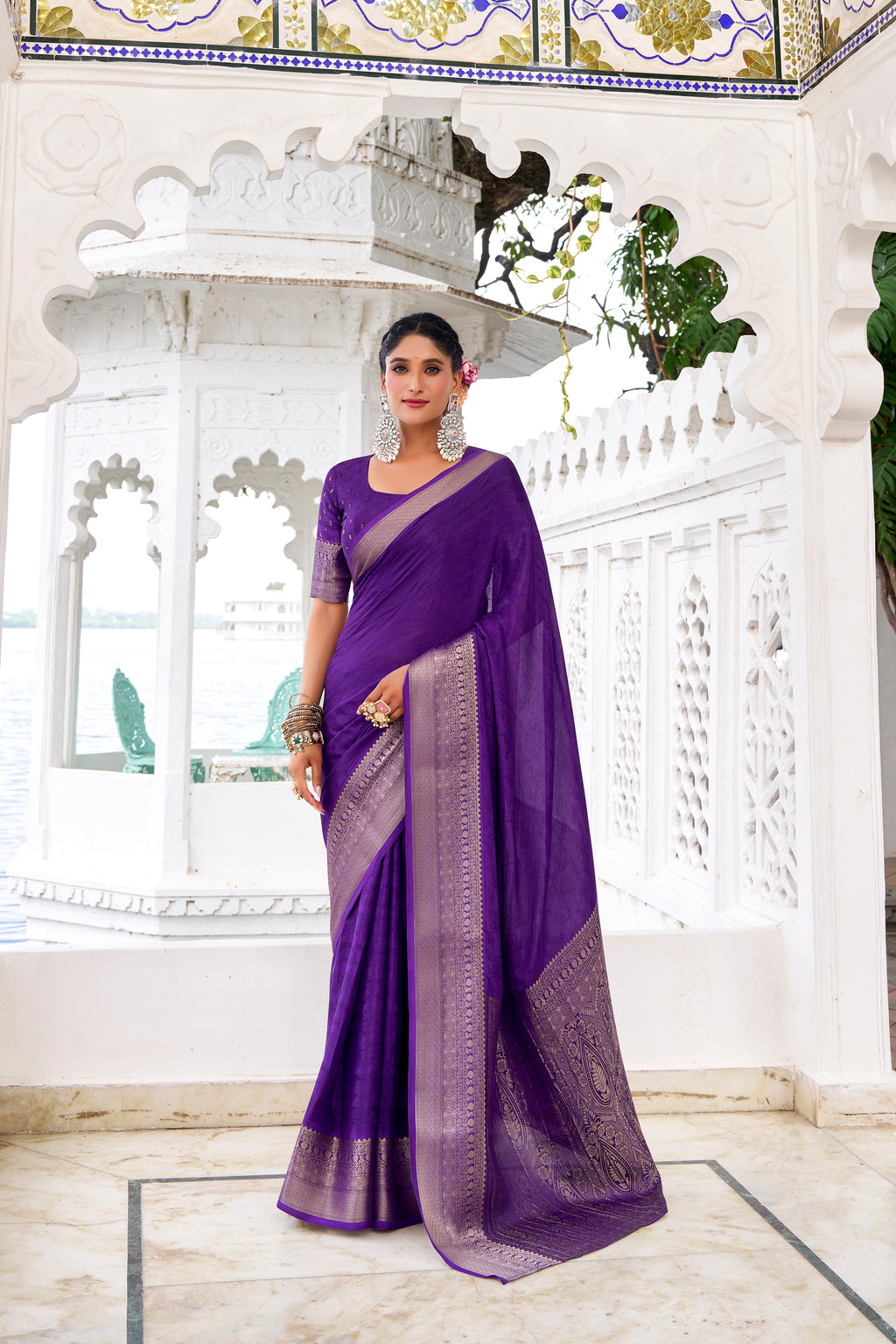 Purple Color Chinon Self-Printed Zari Weaving Saree with Blouse