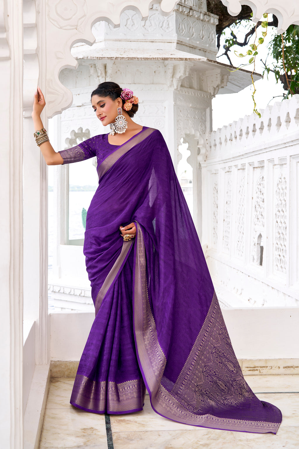 Purple Color Chinon Self-Printed Zari Weaving Saree with Blouse