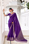 Purple Color Chinon Self-Printed Zari Weaving Saree with Blouse