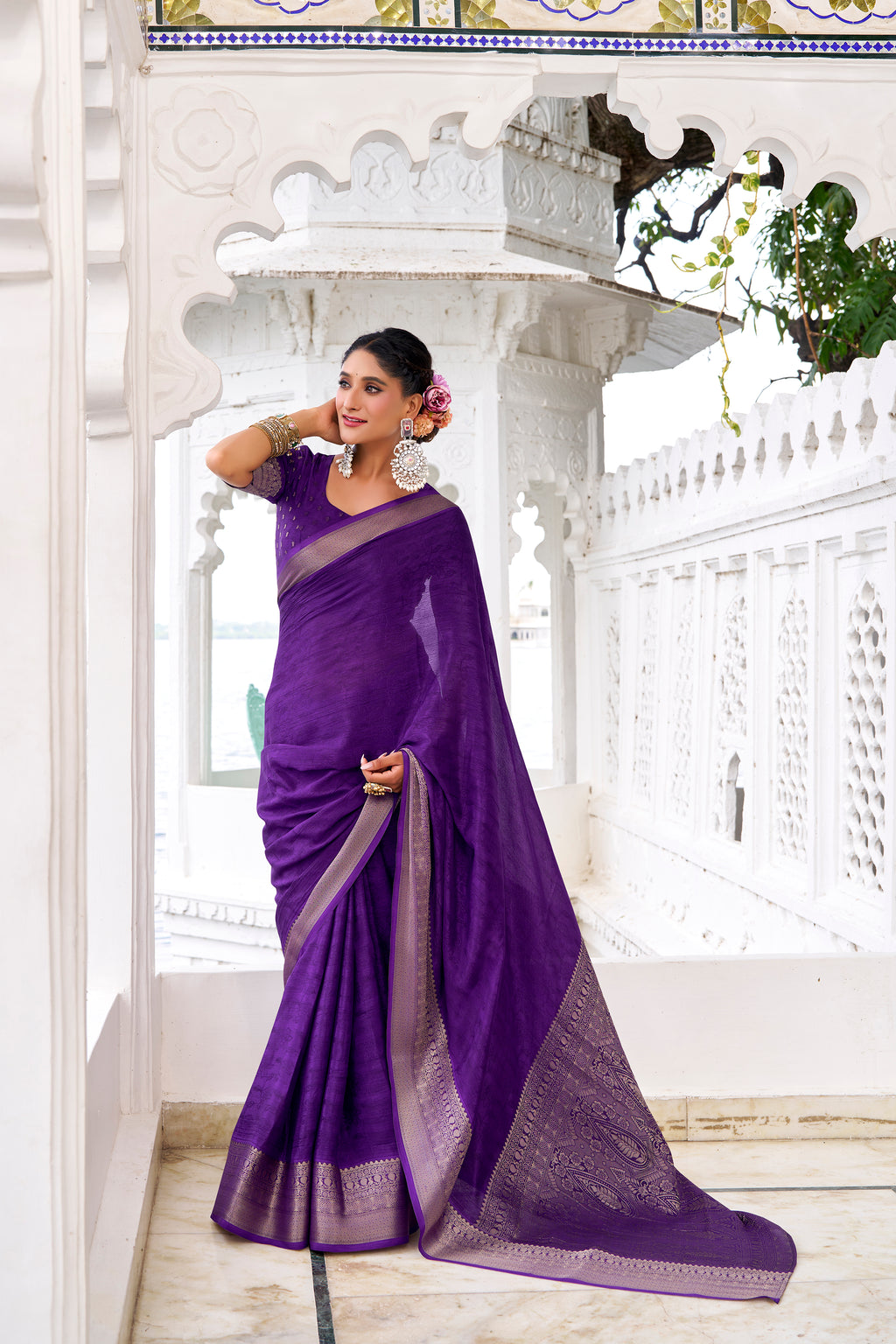 Purple Color Chinon Self-Printed Zari Weaving Saree with Blouse
