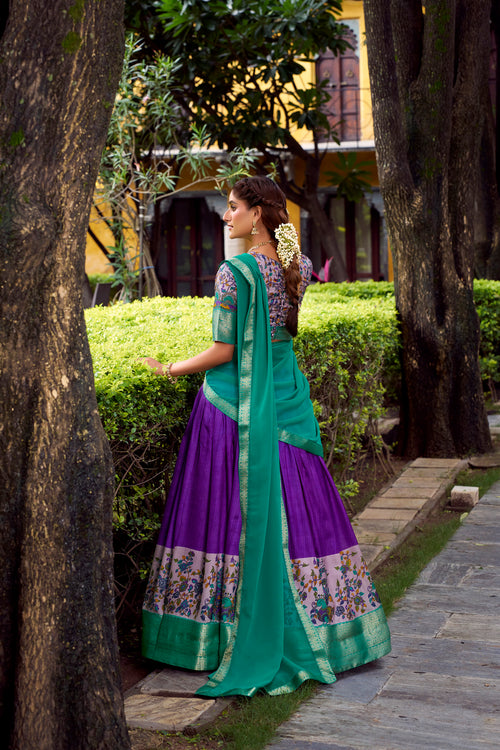 Avni purple Aastha silk printed zari weaving half saree lehenga