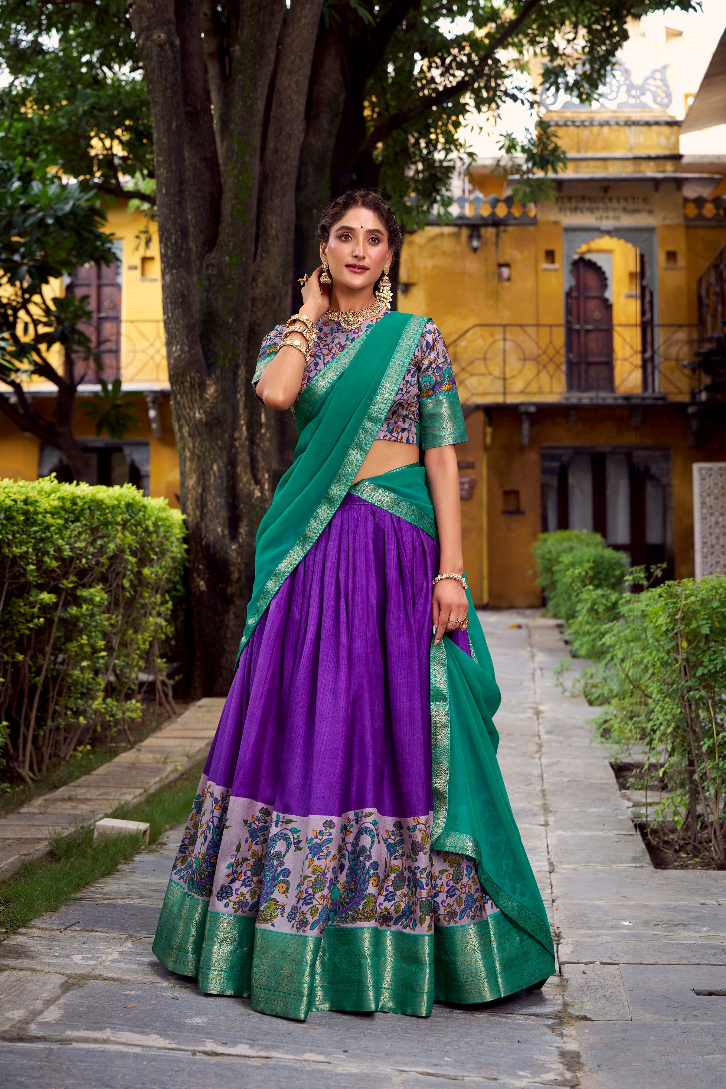 Avni Purple Color Aastha Silk Printed Zari Weaving Half Saree Lehenga