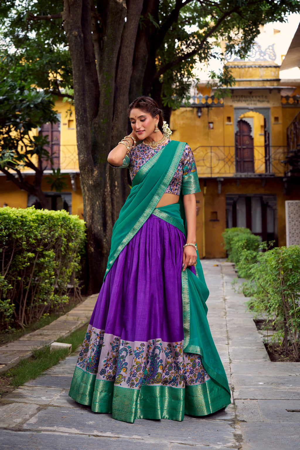 Avni Purple Color Aastha Silk Printed Zari Weaving Half Saree Lehenga