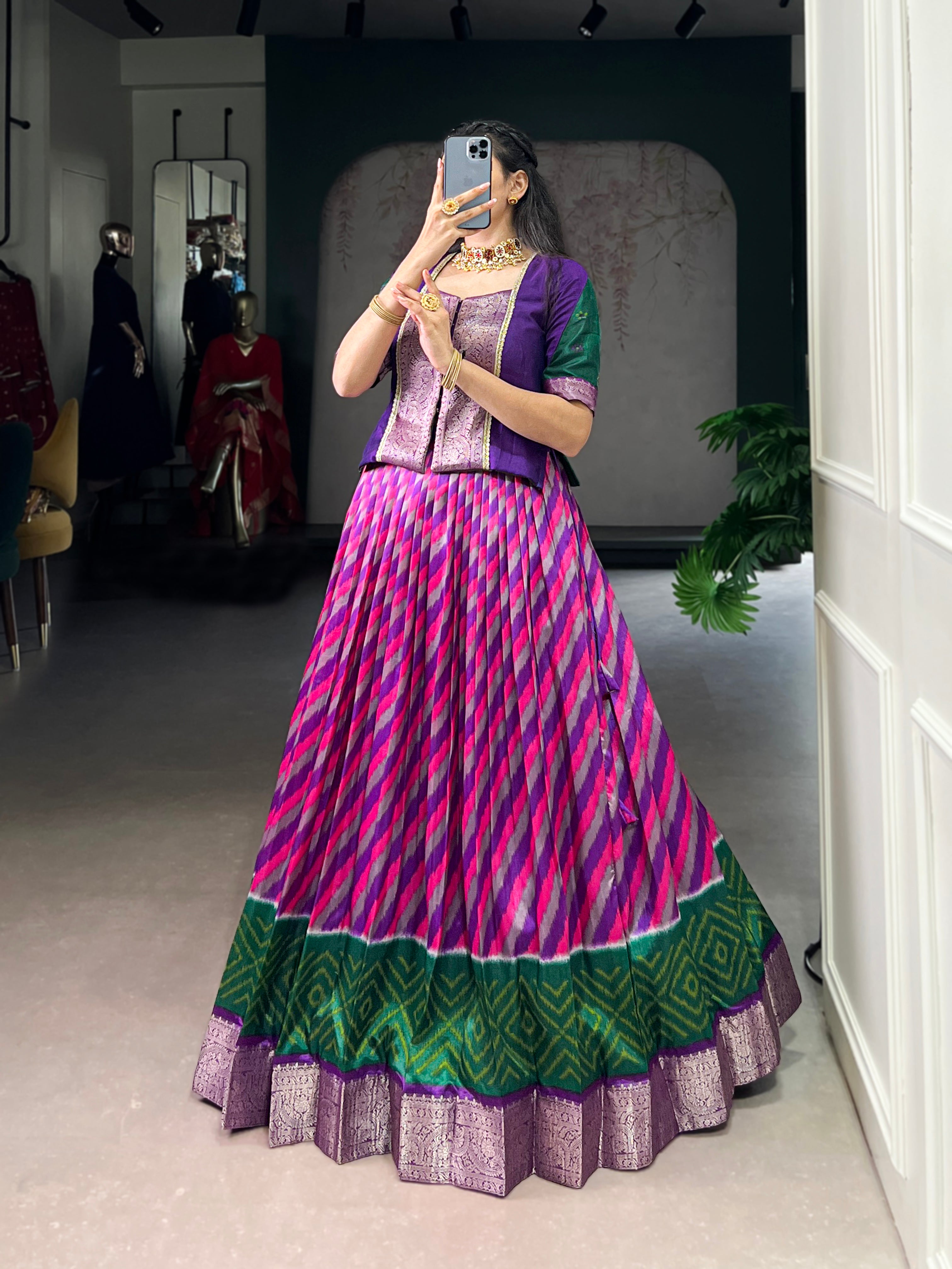 Purple Color Tasar Silk Leheriya Print Zari Weaving Lehenga with Blouse