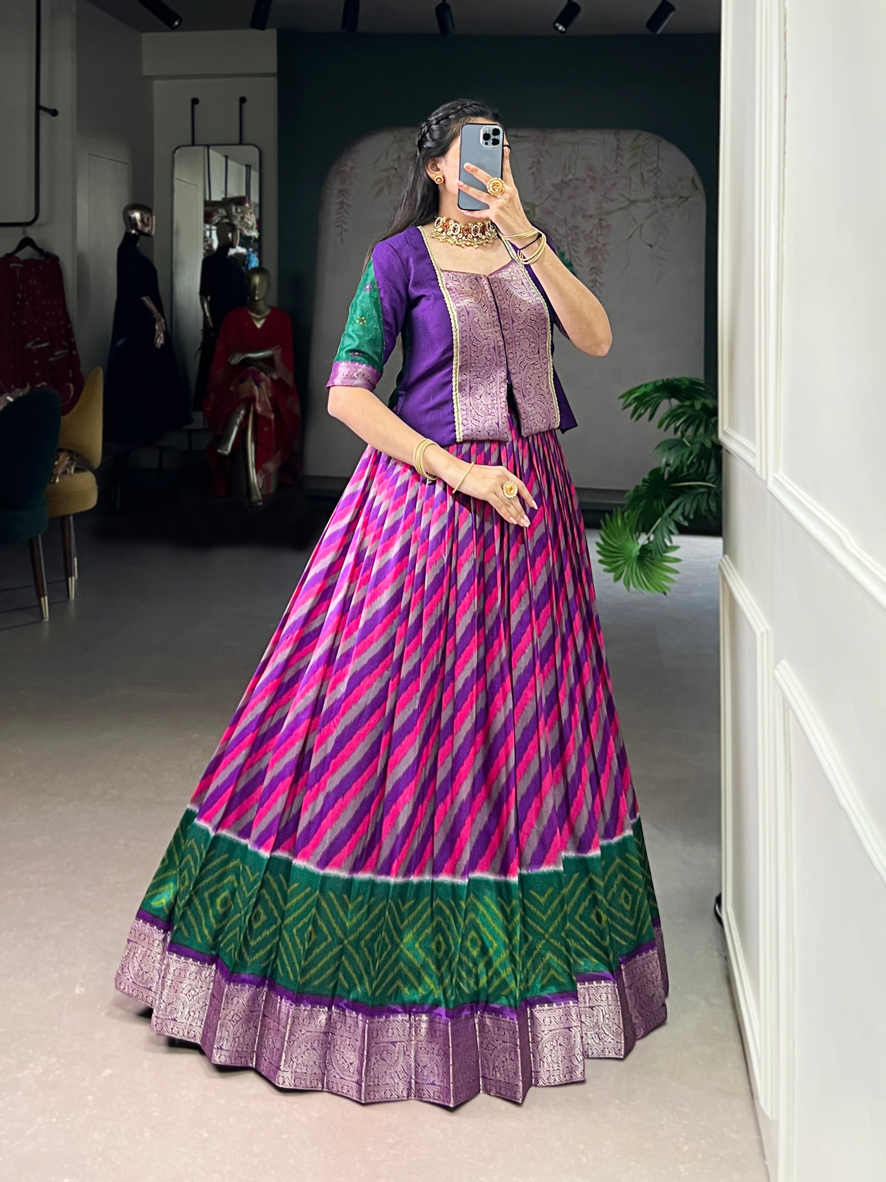 Purple Color Tasar Silk Leheriya Print Zari Weaving Lehenga with Blouse