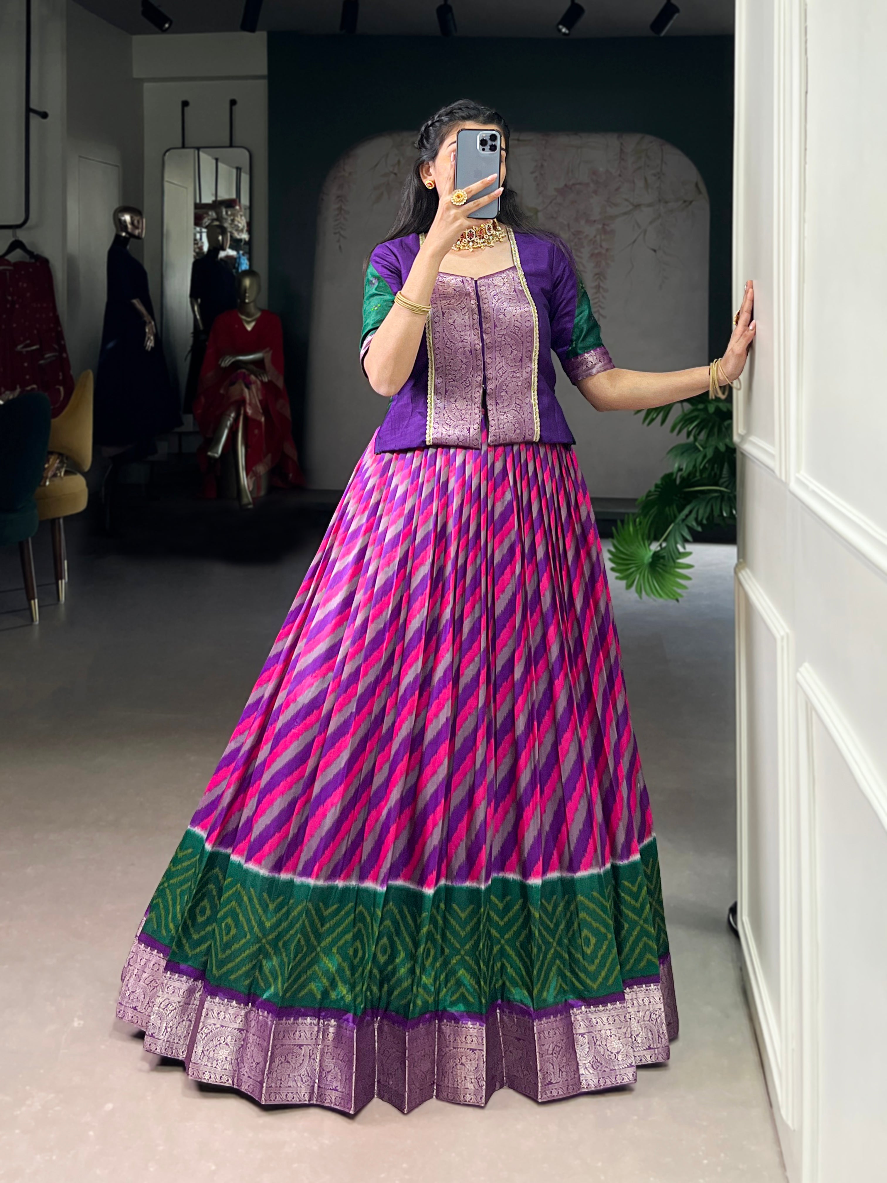 Purple Color Tasar Silk Leheriya Print Zari Weaving Lehenga with Blouse