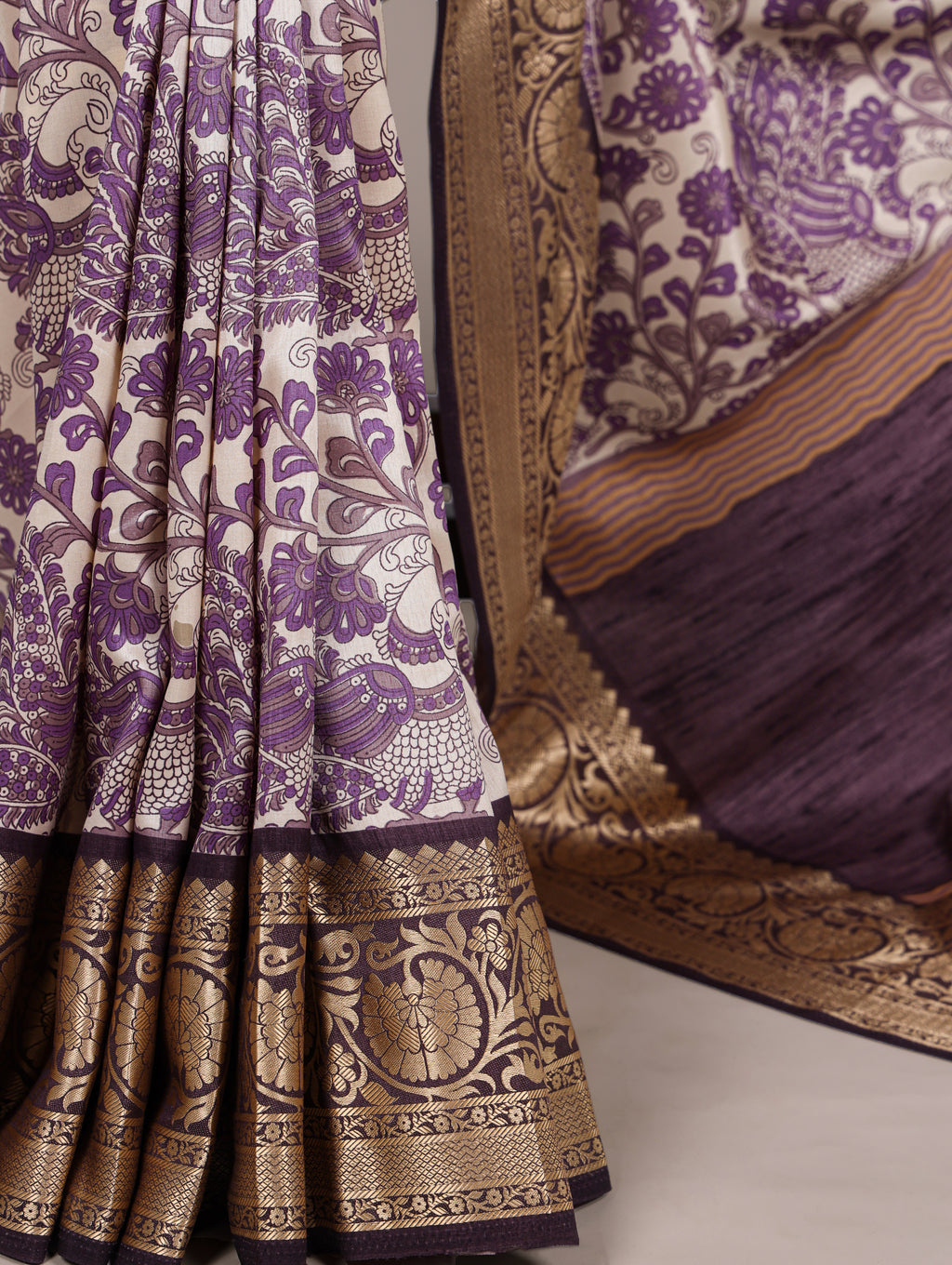 Purple Color Tasar Silk Printed Saree with Viscose Border and Blouse
