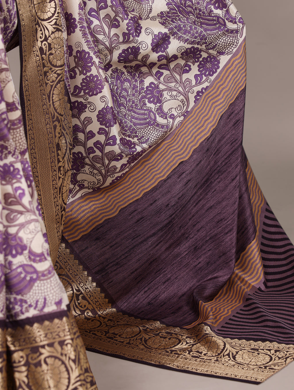 Purple Color Tasar Silk Printed Saree with Viscose Border and Blouse