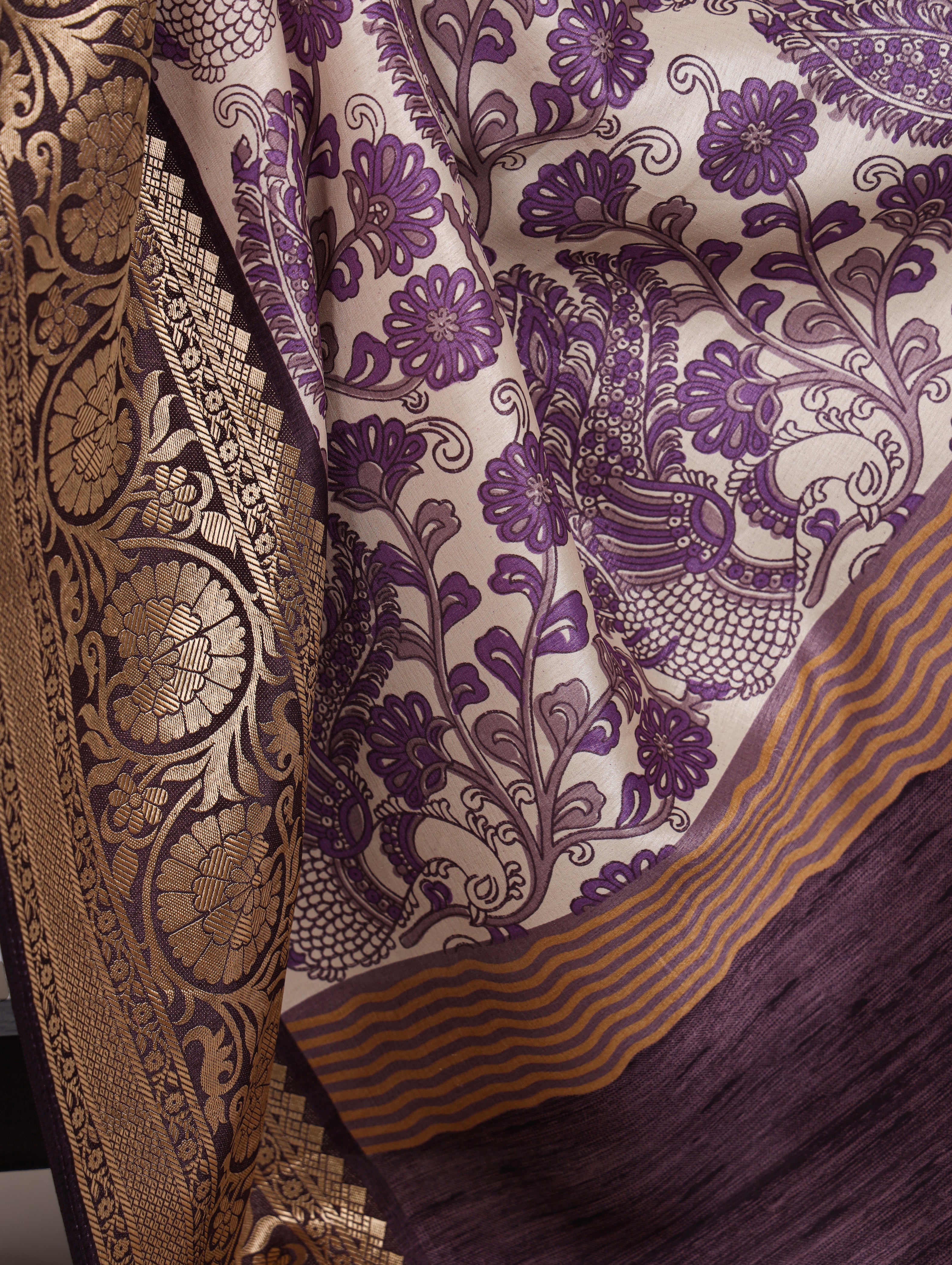 Purple Color Tasar Silk Printed Saree with Viscose Border and Blouse