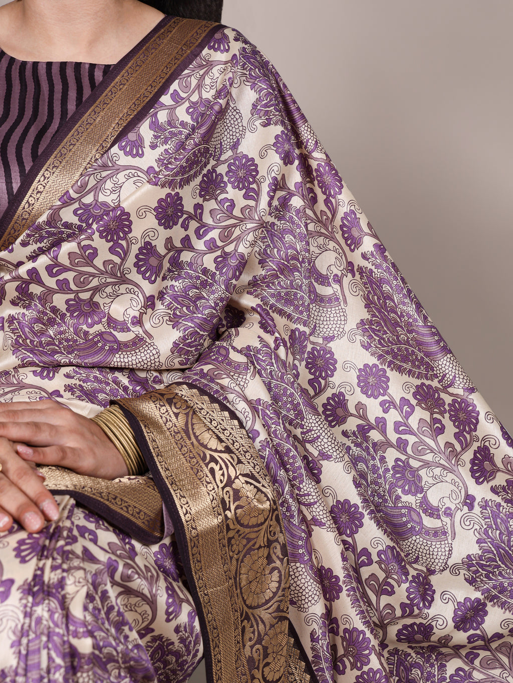 Purple Color Tasar Silk Printed Saree with Viscose Border and Blouse