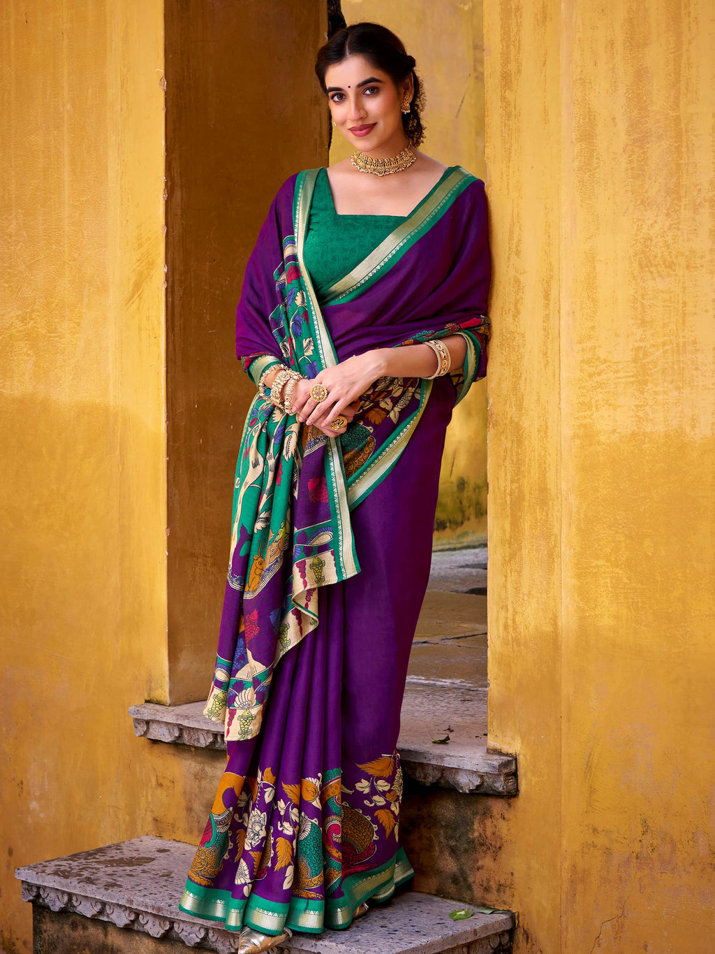 Purple Color Viscose Chanderi Kalamkari Print and Zari Weaving Saree