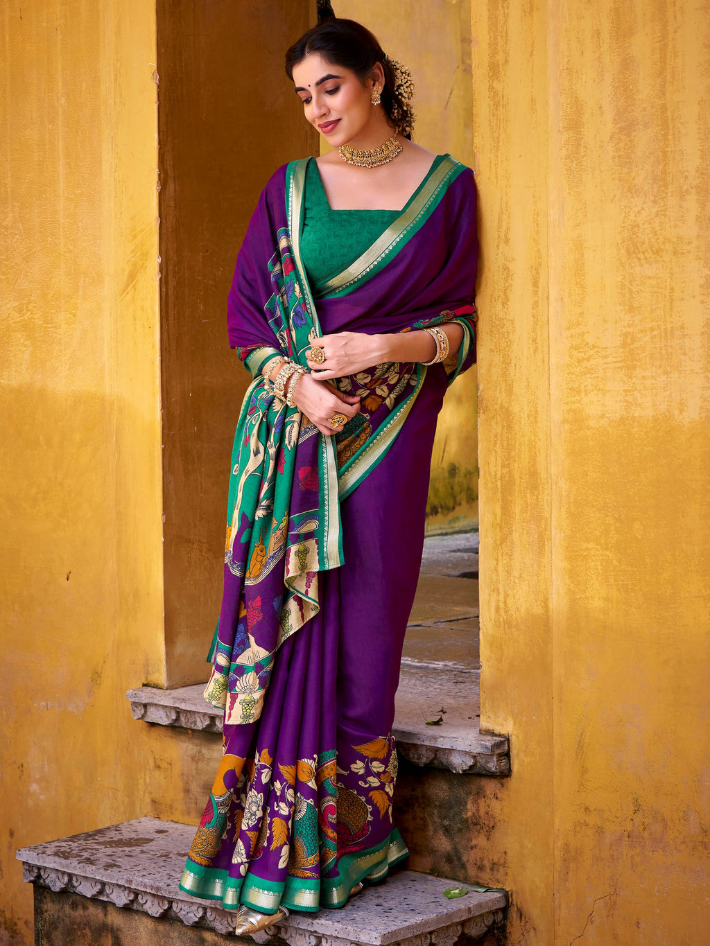 Purple Color Viscose Chanderi Kalamkari Print and Zari Weaving Saree
