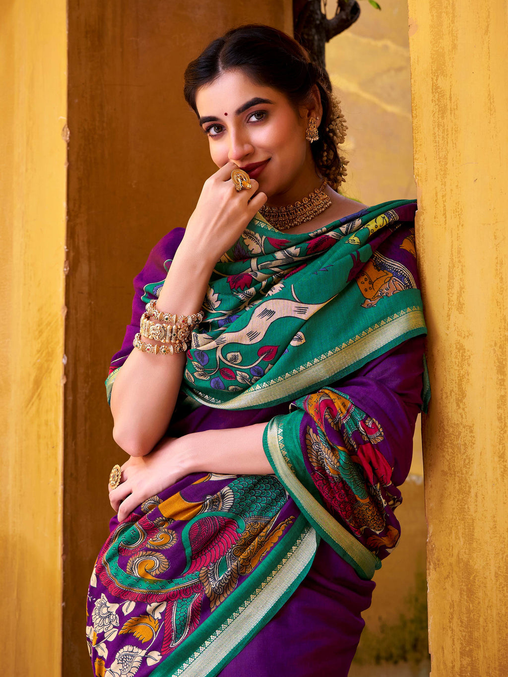 Purple Color Viscose Chanderi Kalamkari Print and Zari Weaving Saree