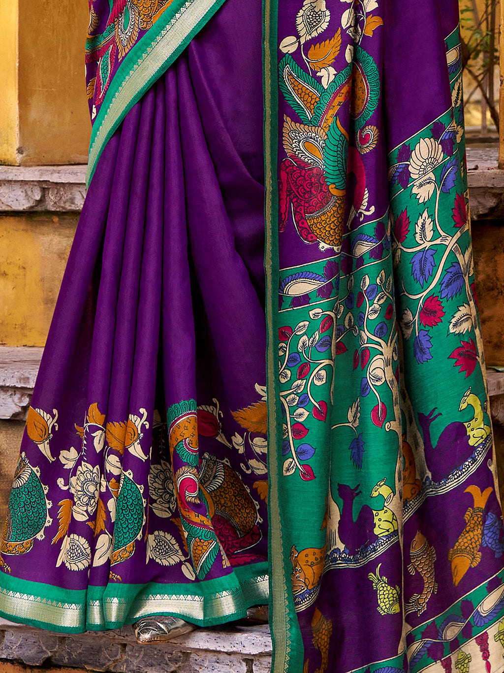 Purple Color Viscose Chanderi Kalamkari Print and Zari Weaving Saree